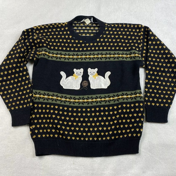 Vintage Sweaters - Vtg 70s 80s Womens Novelty Cat Sweater M L Black